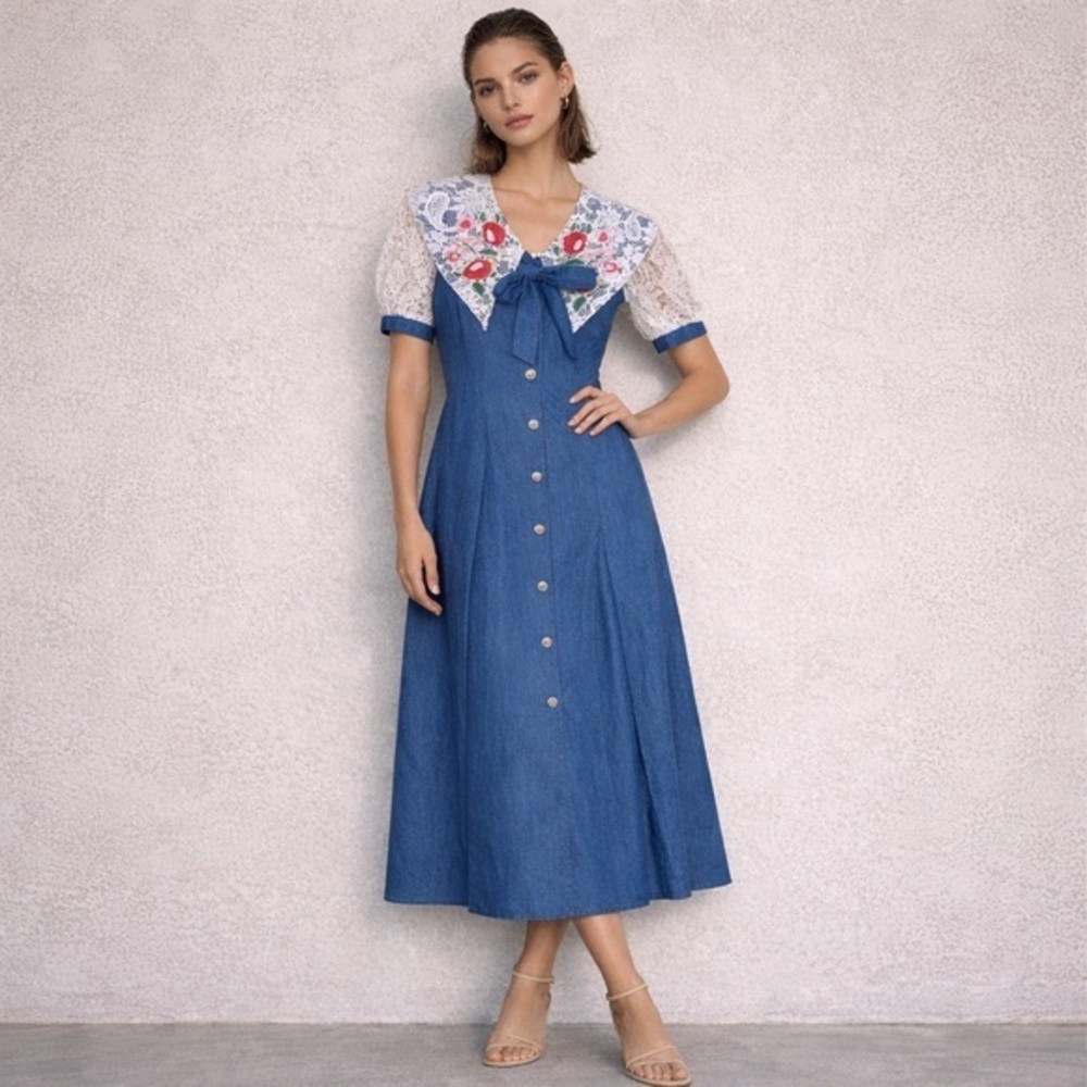 Denim and lace midi dress NWT